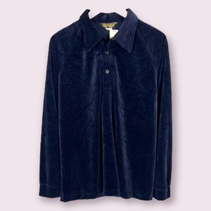 NOS Vintage 70s Sears SportsWear Velour L/S Polo Shirt Men’s XL Navy Deadstock